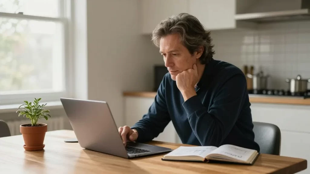Persona de mediana edad analizando gráficos financieros en un portátil y un cuaderno junto a una planta.