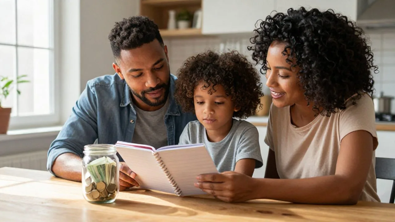 Padres e hijo sentados a la mesa de la cocina revisando un cuaderno de ahorros y un tarro con monedas.
