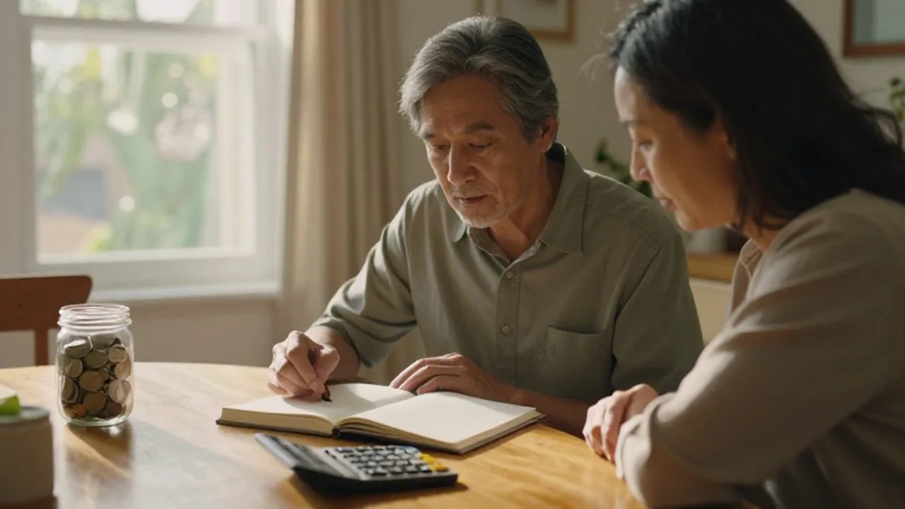 Pareja de mediana edad revisando sus finanzas con un cuaderno y una calculadora en la mesa.