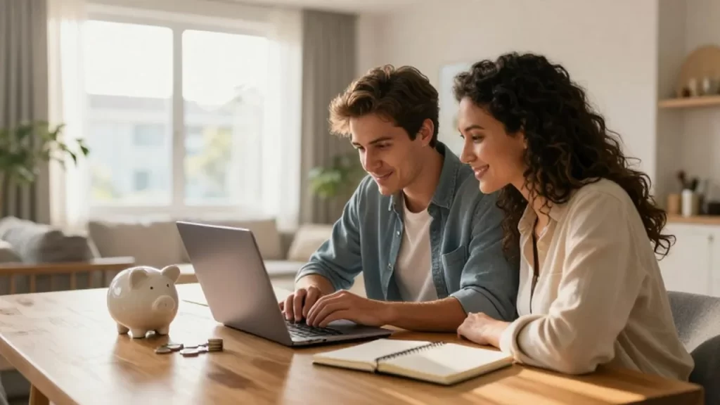 Pareja joven planificando sus finanzas frente a un portátil con una hucha y monedas.