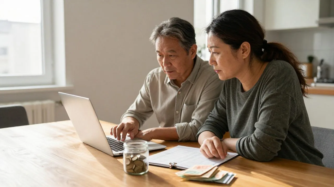 Pareja de mediana edad organizando sus finanzas con una computadora, un planificador y ahorros.