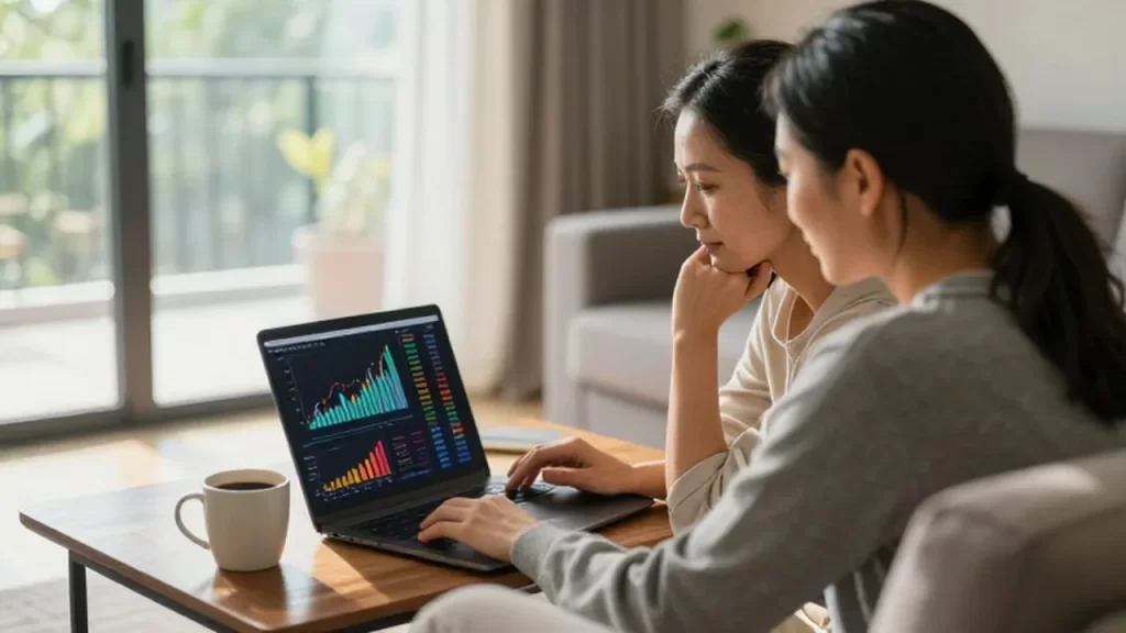 Pareja de mediana edad observando con tranquilidad gráficos de inversiones en un portátil en su salón iluminado.
