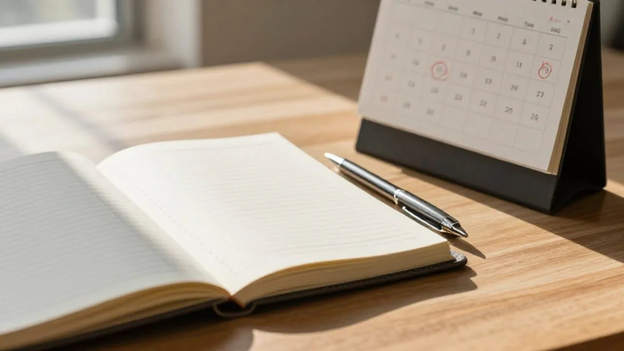Planificador financiero de cuero abierto junto a un calendario de escritorio y un bolígrafo metálico.