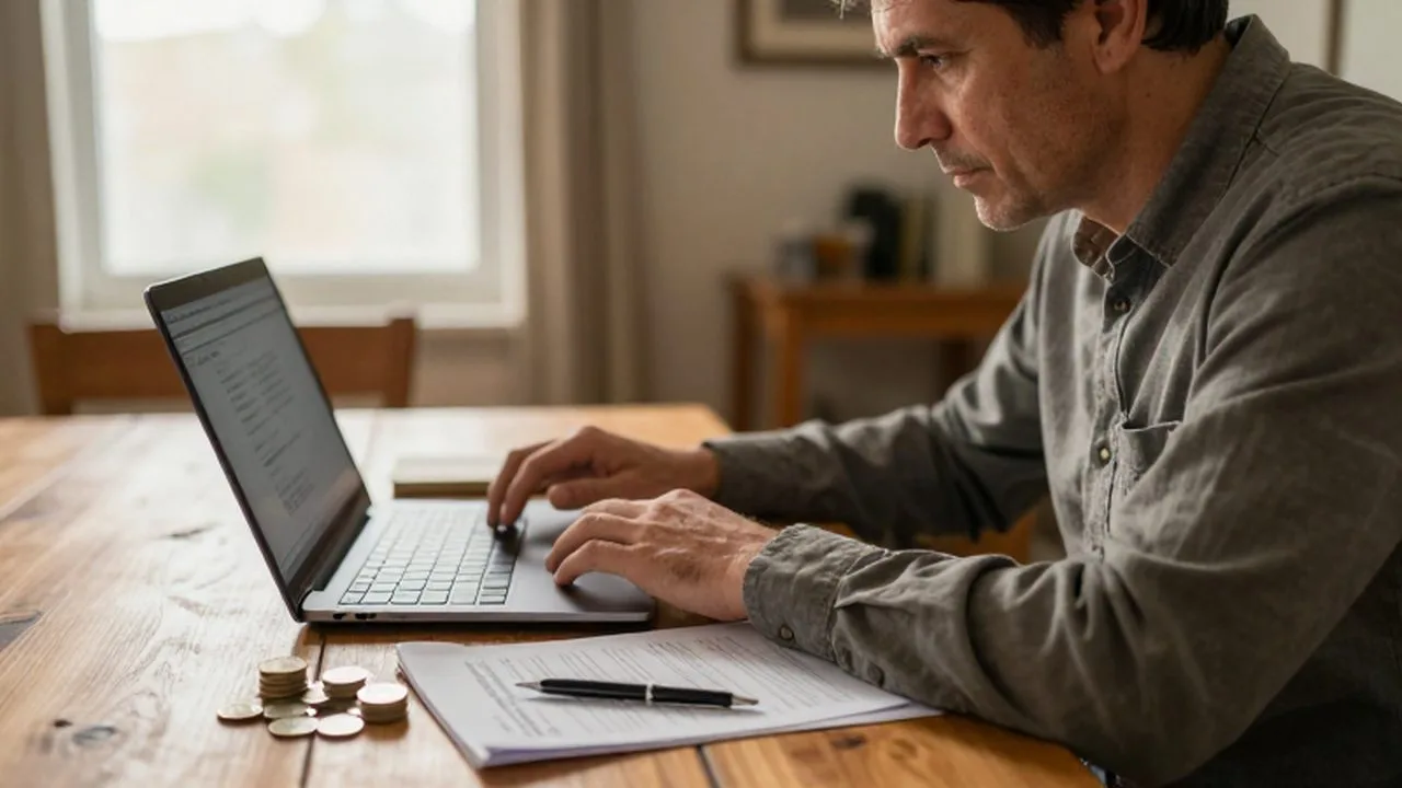 Hombre de mediana edad revisando su estado de cuenta y una computadora en una oficina luminosa.