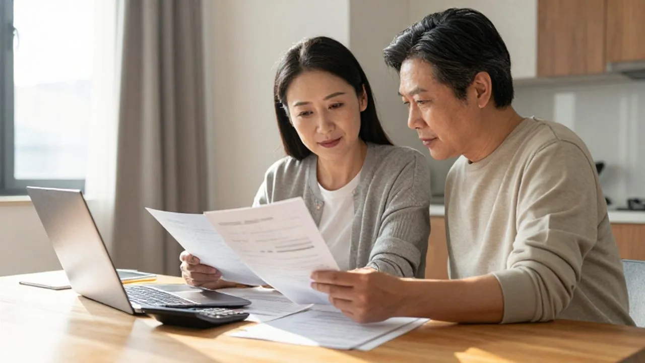 Pareja de mediana edad revisando documentos financieros y una computadora en una mesa de madera.