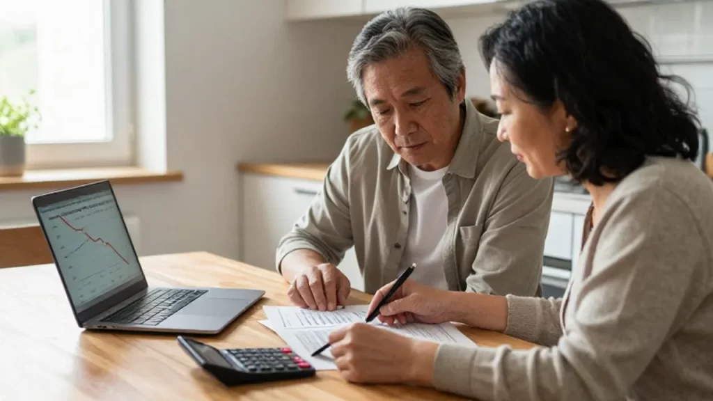 Pareja de mediana edad revisando documentos financieros y una calculadora en una cocina iluminada.