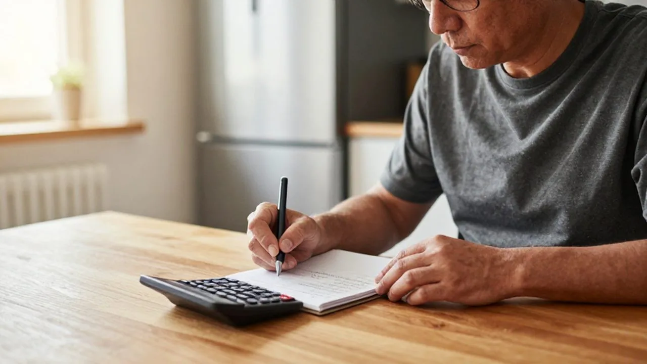 Persona de mediana edad organizando sus gastos de electricidad con una calculadora y cuaderno en una cocina iluminada.