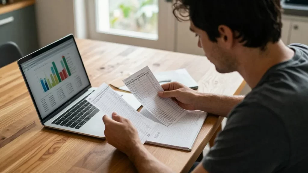 Padre joven revisando recibos y un presupuesto manual junto a una laptop en su cocina.