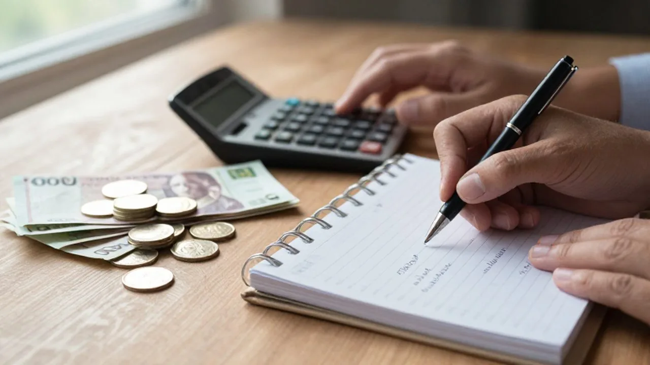 Manos escribiendo en un planificador financiero junto a monedas, billetes y una calculadora.