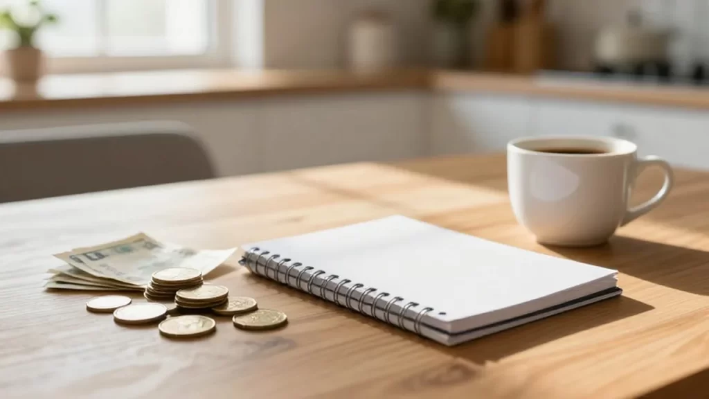 Ahorros en monedas y billetes junto a un cuaderno y un café sobre una mesa de madera iluminada por el sol.