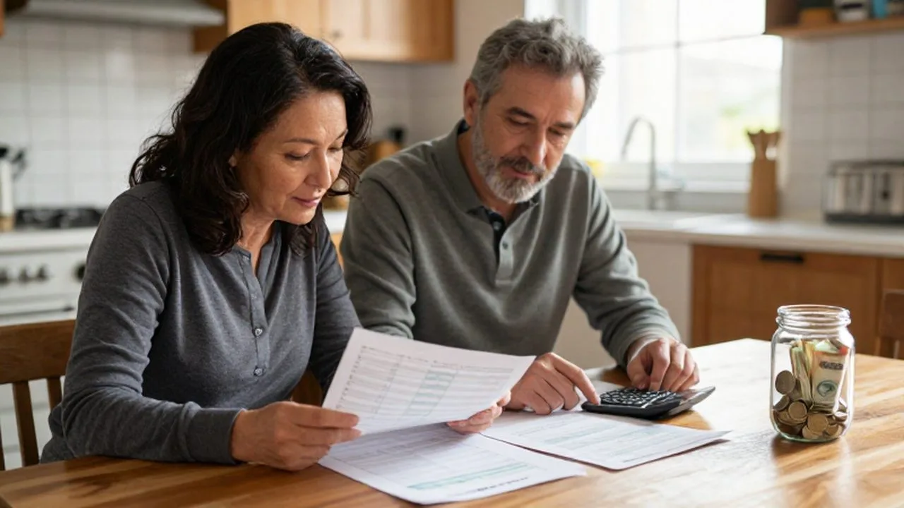 Pareja de mediana edad organizando sus finanzas mensuales con papeles y una calculadora en una cocina soleada.