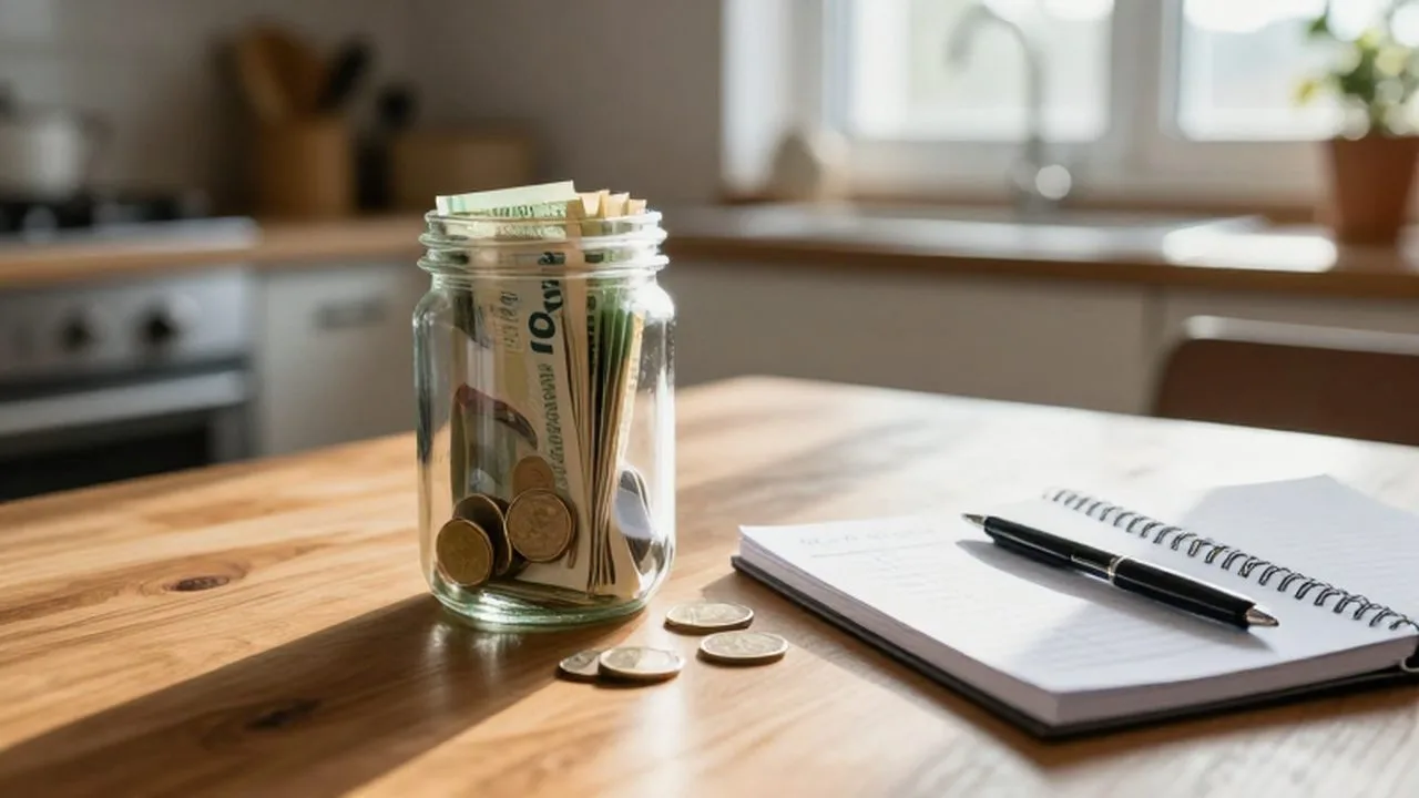 Frasco de vidrio con ahorros y un cuaderno de presupuesto sobre una mesa de madera.