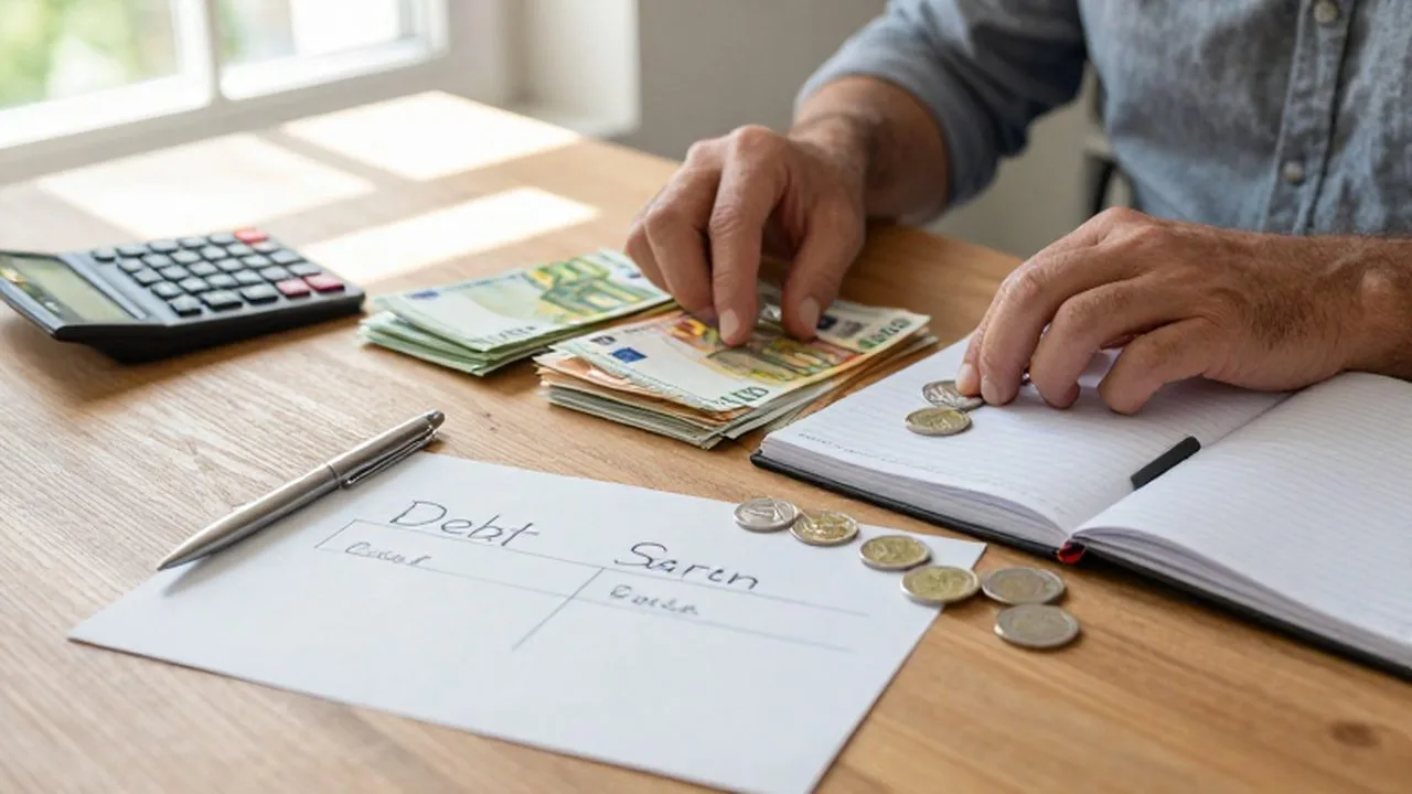 Manos organizando billetes de euros y monedas junto a un planificador de presupuesto y calculadora.