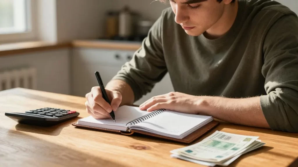 Joven concentrado anotando sus gastos en una agenda financiera junto a una calculadora y facturas.