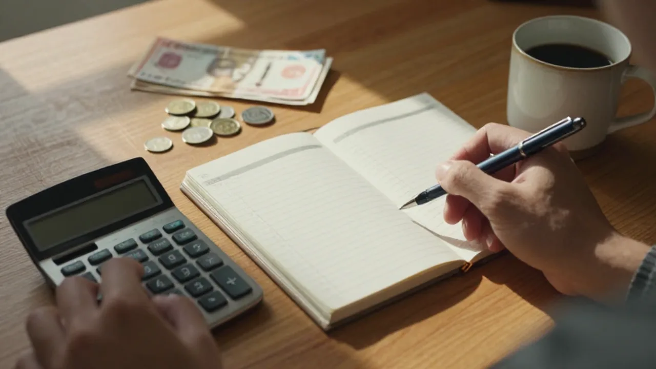 Manos organizando un presupuesto con calculadora, bolígrafo y monedas junto a una taza de café.