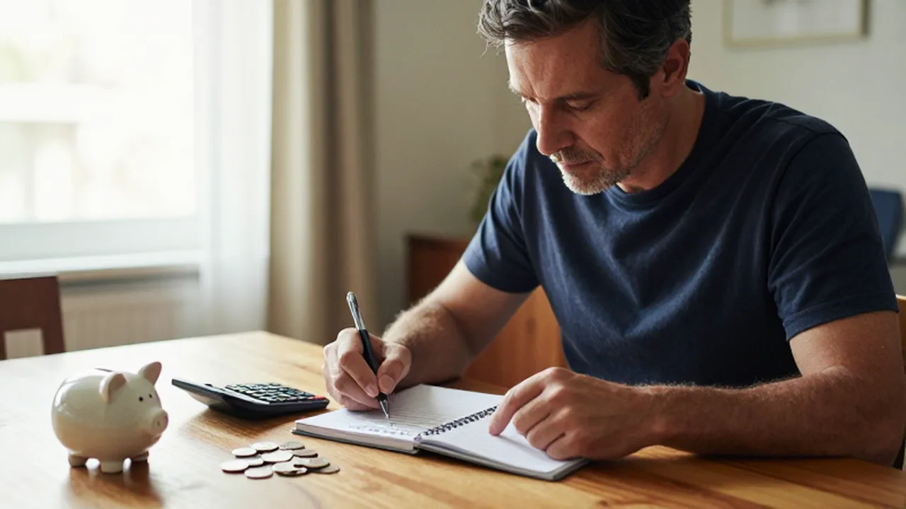 Hombre de mediana edad revisando su presupuesto con una calculadora y una hucha sobre la mesa.