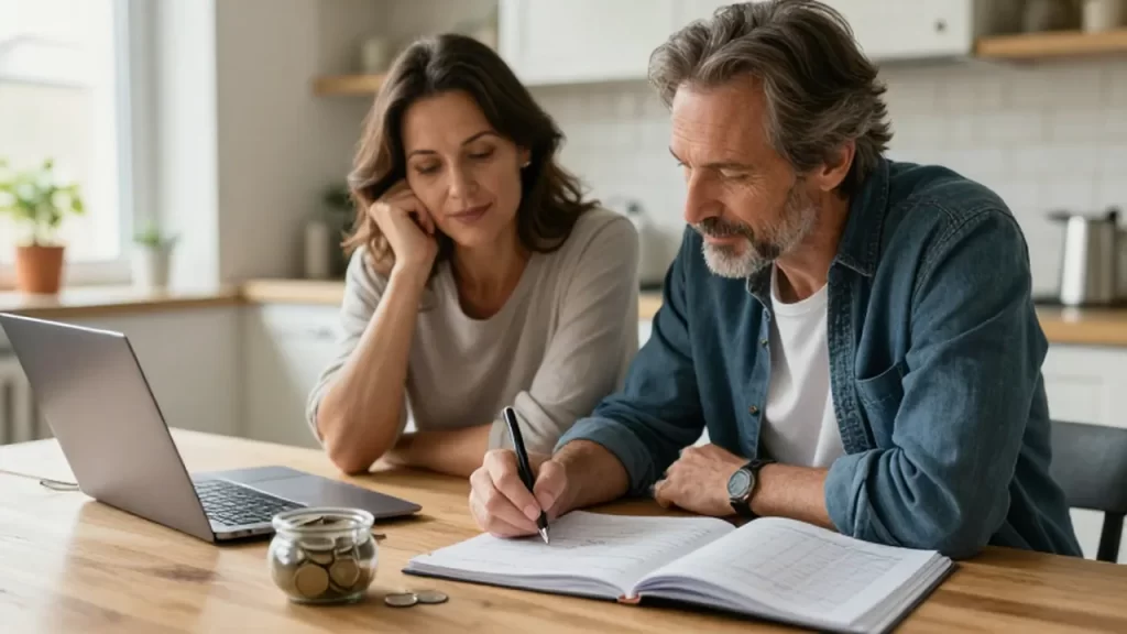 Pareja de mediana edad planificando su presupuesto con un portátil y cuadernos en una cocina iluminada.