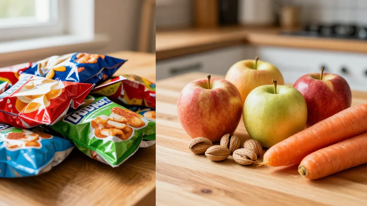 Comparación entre una pila de snacks procesados en envases de plástico y frutas y frutos secos frescos.