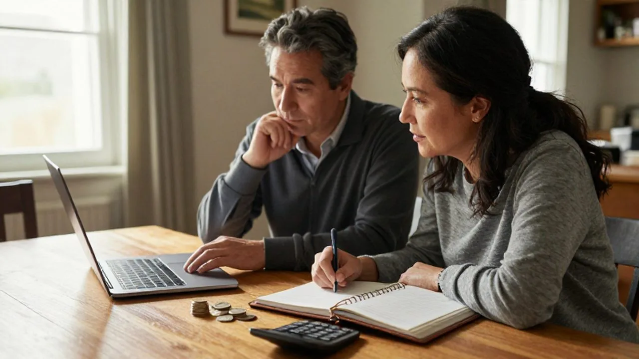 Pareja de mediana edad revisando sus finanzas con un ordenador, una agenda y monedas.