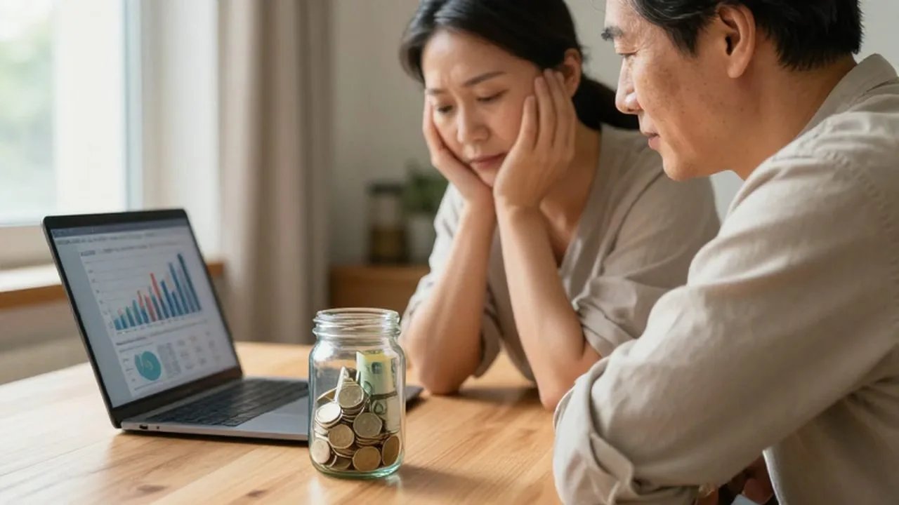 Pareja de mediana edad sentada ante un ordenador con gráficos financieros y un tarro de ahorros.
