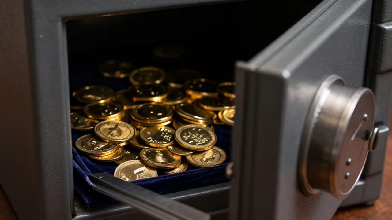 Caja fuerte antigua de acero entreabierta con monedas de oro y lingotes sobre terciopelo.