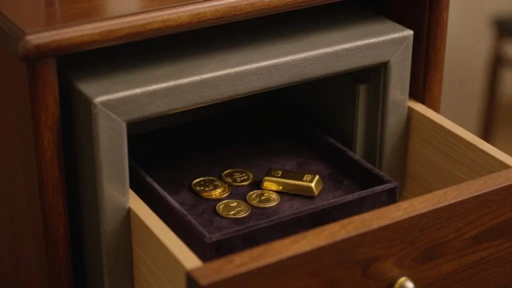 Pequeña caja fuerte de acero con monedas y un lingote de oro sobre terciopelo.