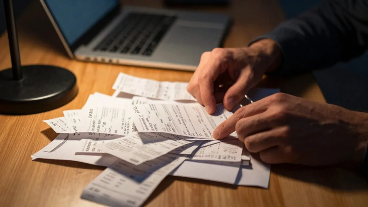 Manos de una persona organizando un montón de recibos y estados de cuenta desordenados sobre un escritorio.