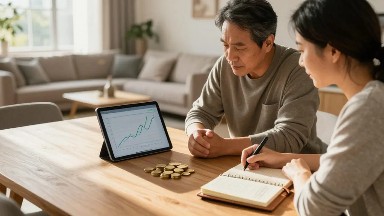 Pareja madura planificando sus finanzas con monedas de oro y gráficos en una tablet.