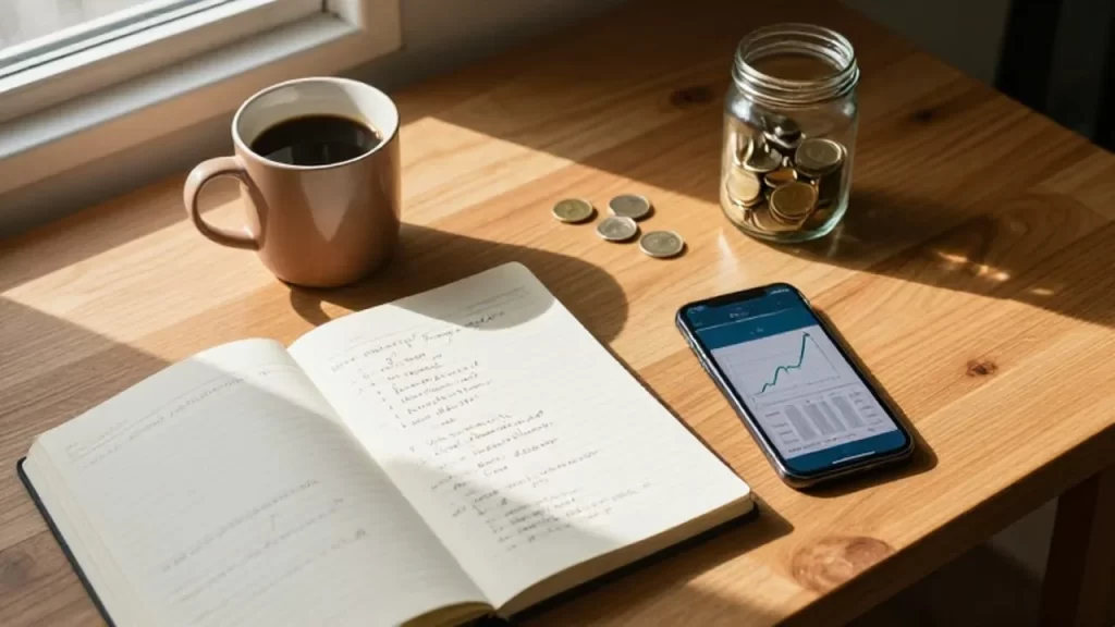 Escritorio de madera con un cuaderno de finanzas