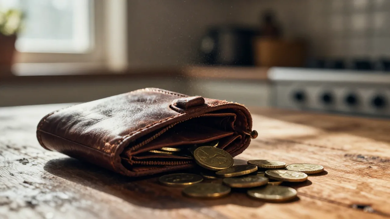 Cartera de cuero gastado abierta sobre una mesa de madera con monedas de oro asomando.