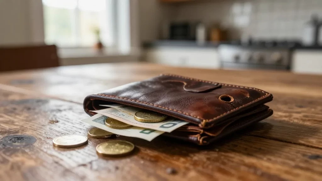 Cartera de cuero desgastada sobre una mesa de madera con monedas y billetes escapando por sus agujeros.
