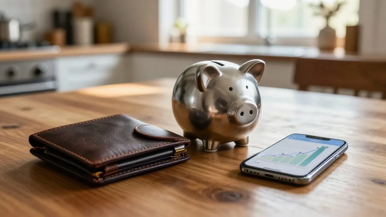 Cartera de cuero y hucha de acero junto a un smartphone con un gráfico de ahorros.