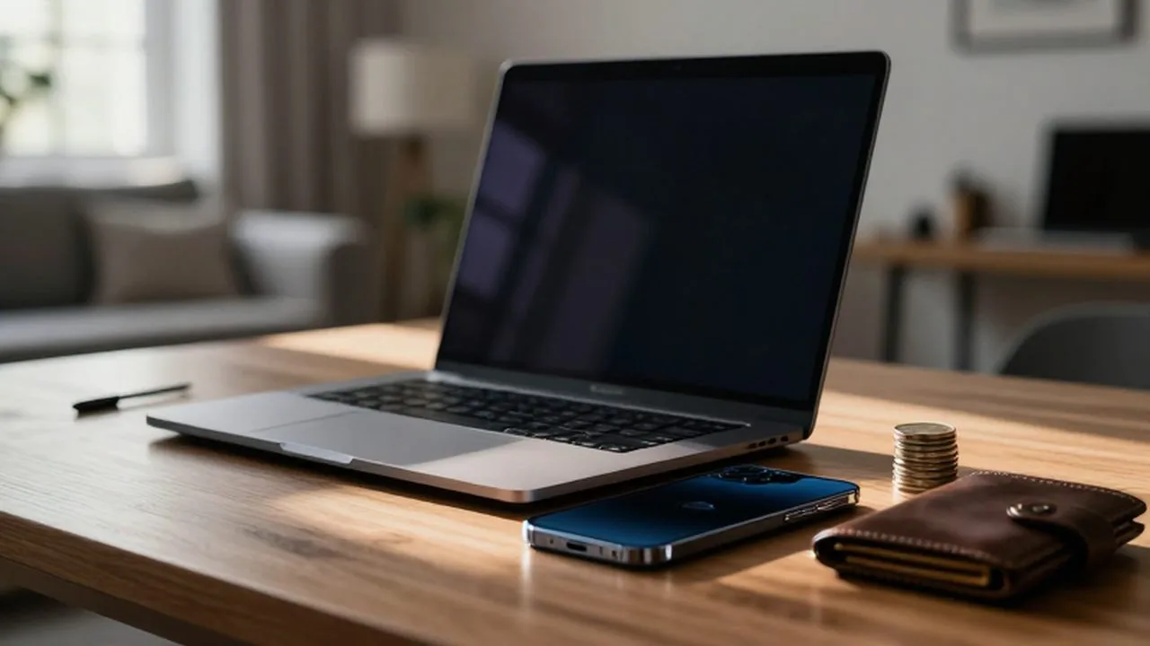 Laptop y smartphone sobre un escritorio de madera junto a una cartera y monedas bajo la luz del sol.