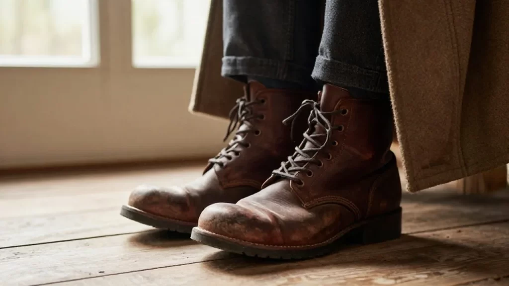 Botas de cuero gastadas junto a un abrigo de lana sobre un suelo de madera.