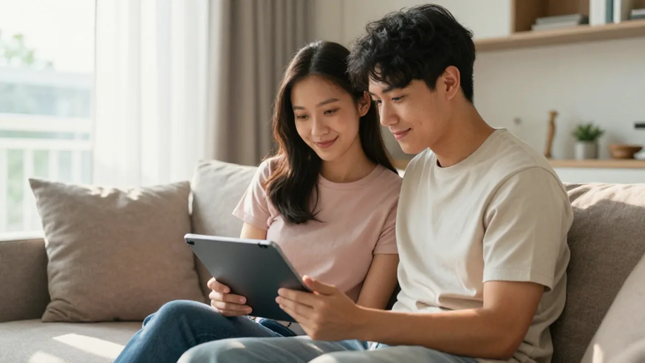 Pareja joven sonriendo mientras revisa una aplicación de presupuesto en una tableta sentados en el sofá.