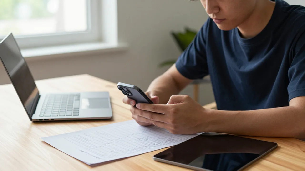 Persona concentrada en un escritorio comparando un smartphone y una tablet junto a una lista de tareas.