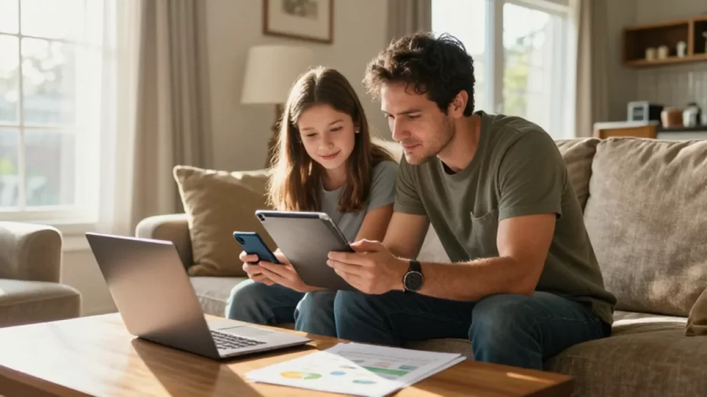 Padre e hija adolescente revisan juntos una banca digital en una sala iluminada por el sol.