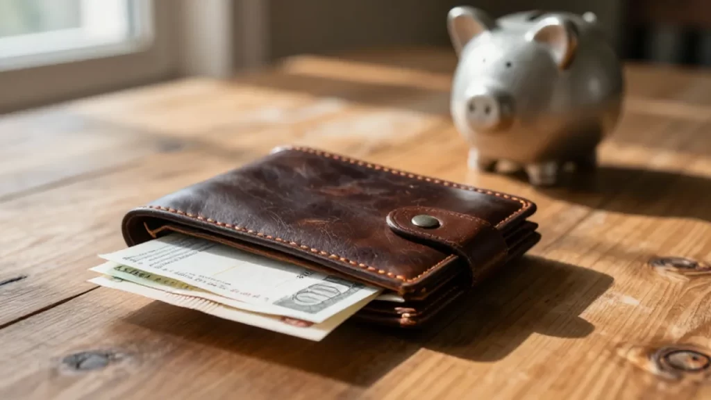 Cartera de cuero con billetes y estados de cuenta sobre una mesa de madera.