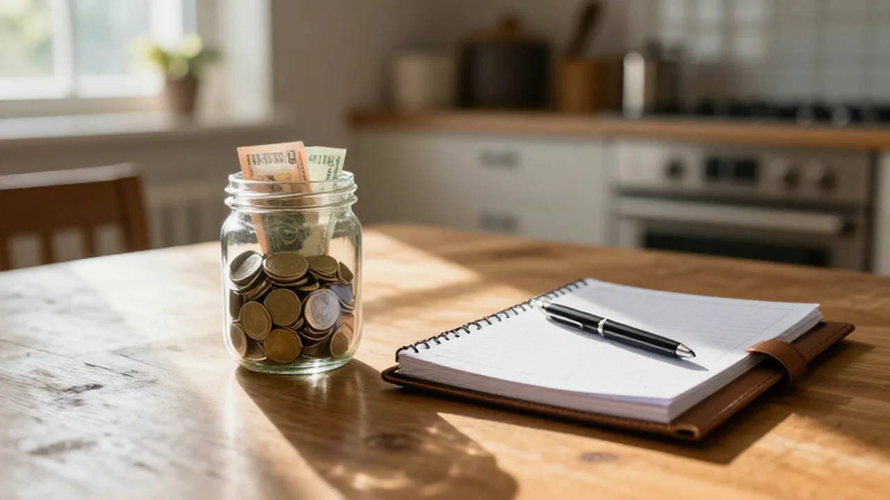 Frasco de vidrio con monedas y billetes junto a una agenda financiera sobre una mesa de madera.