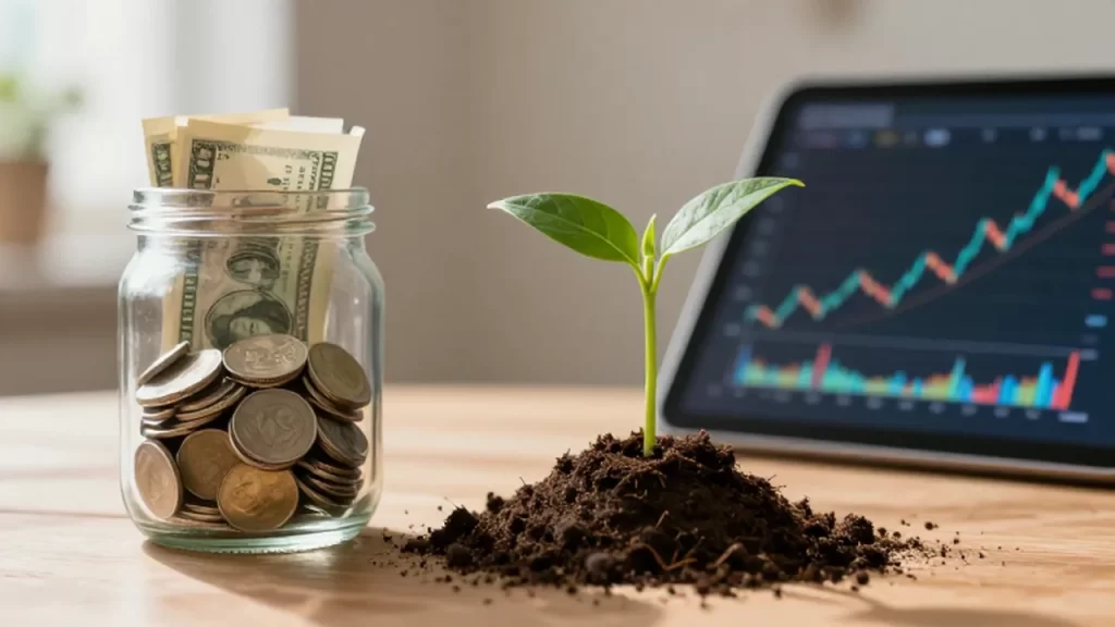 Comparación entre un frasco con ahorros y un brote verde junto a una gráfica de crecimiento financiero.