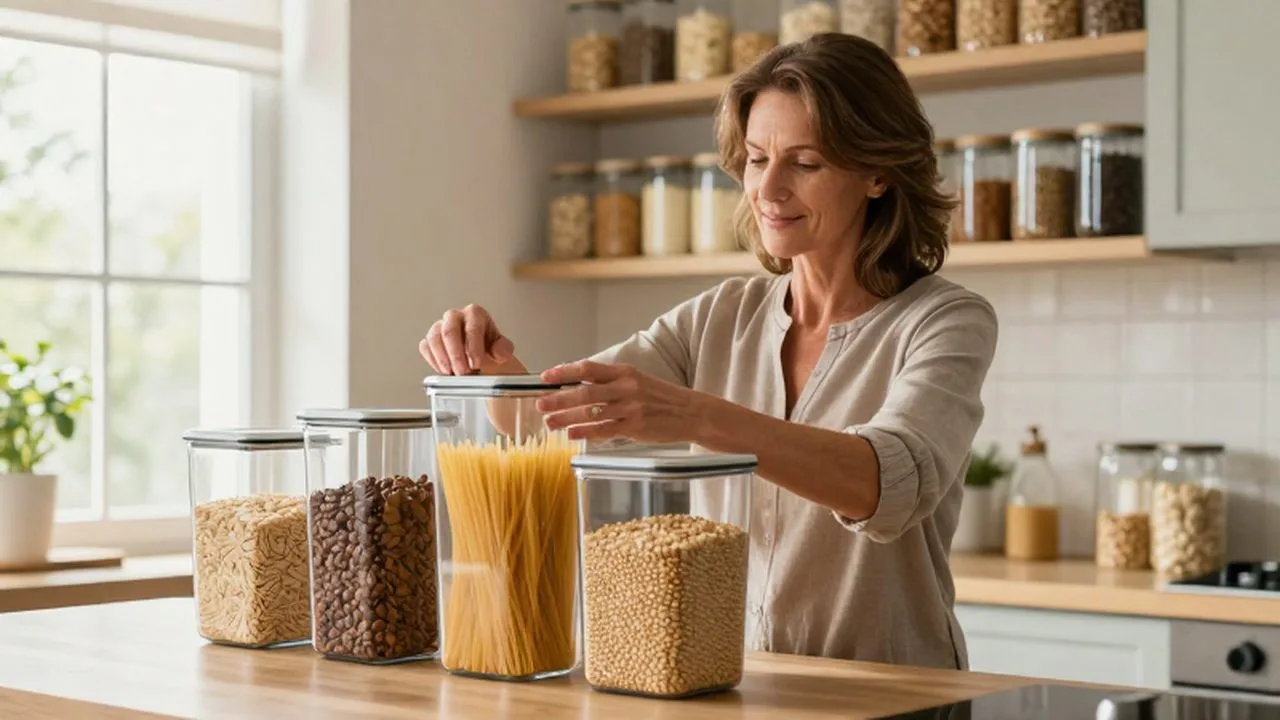 Mujer sonriente organizando contenedores con granos y pasta en una cocina moderna y luminosa.