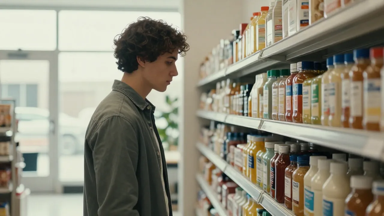 Joven comparando etiquetas de un producto de marca premium y uno genérico en un supermercado moderno.