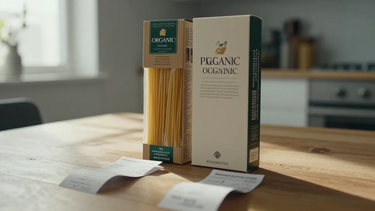 Caja de pasta orgánica de marca junto a una caja genérica sobre una mesa de madera.