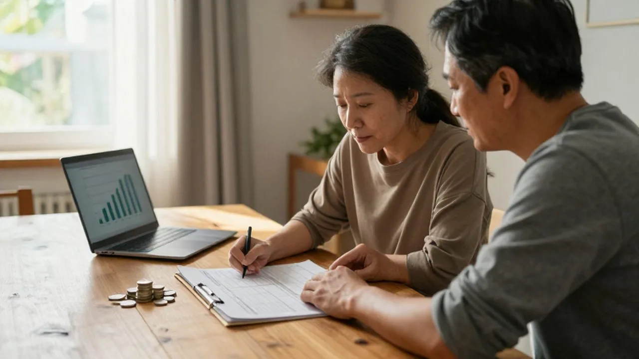 Pareja de mediana edad revisando un planificador y monedas sobre una mesa de madera.