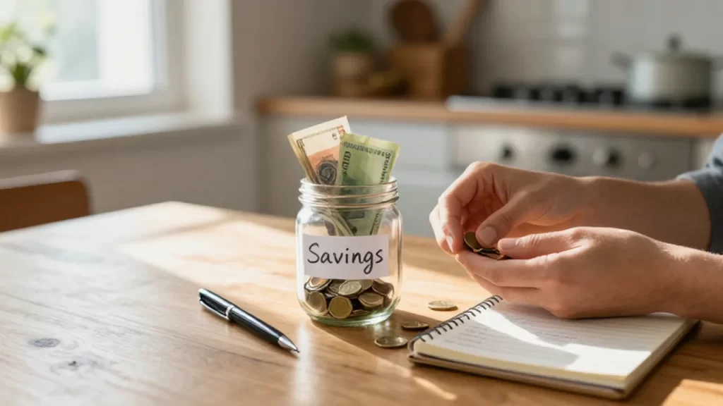 Manos depositando monedas y billetes en un frasco de cristal etiquetado como ahorro junto a un cuaderno.