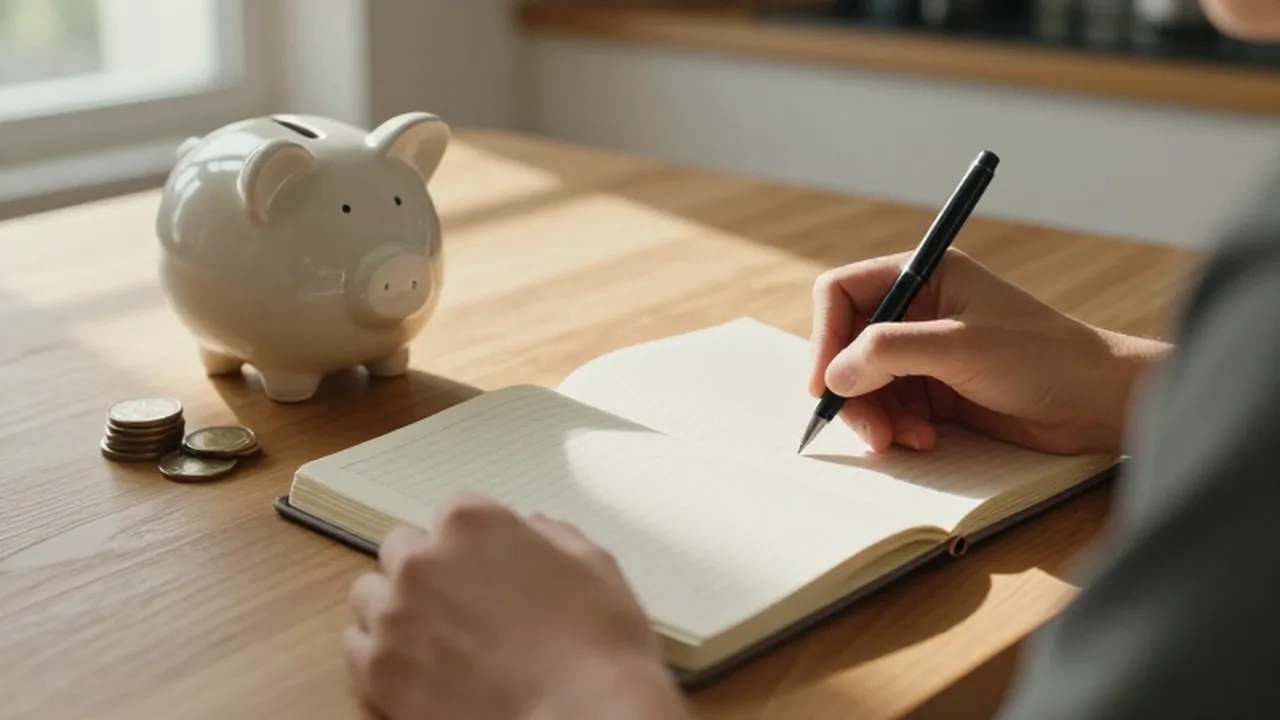 Manos escribiendo en un planificador de presupuesto junto a una hucha y monedas.