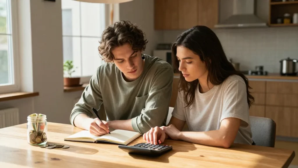 Pareja joven sentada frente a una mesa revisando un cuaderno de ahorros y una calculadora.