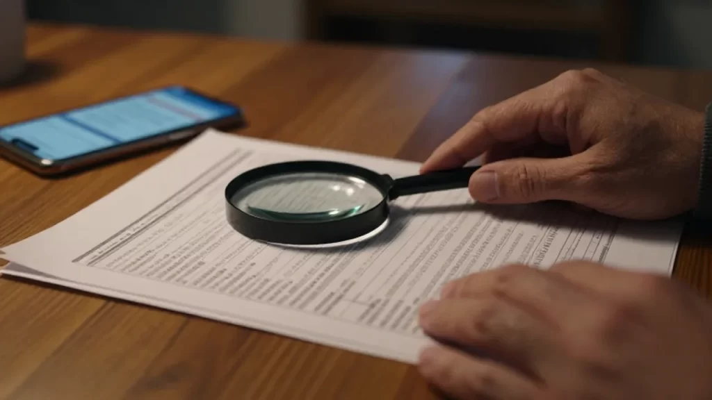 Manos revisando un extracto bancario con una lupa y un teléfono sobre una mesa de madera.