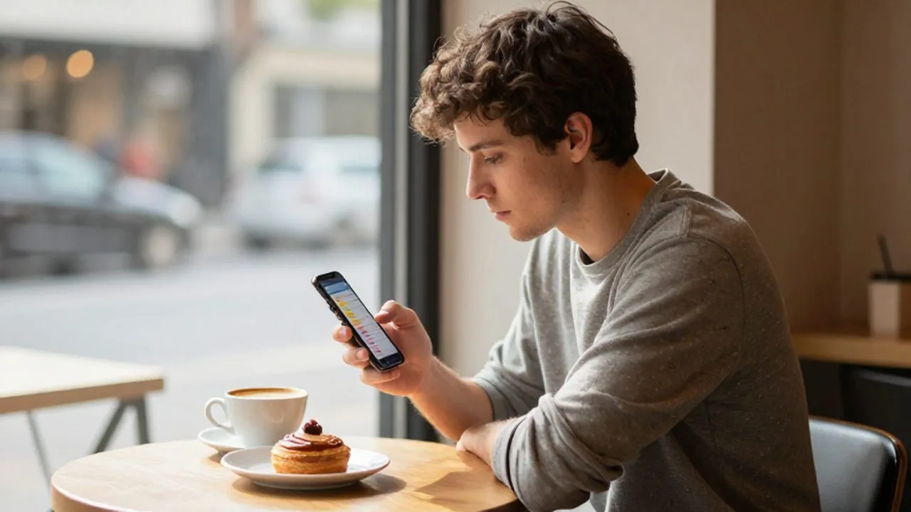 Persona joven sentada en una cafetería mirando con calma una aplicación de finanzas en su móvil.
