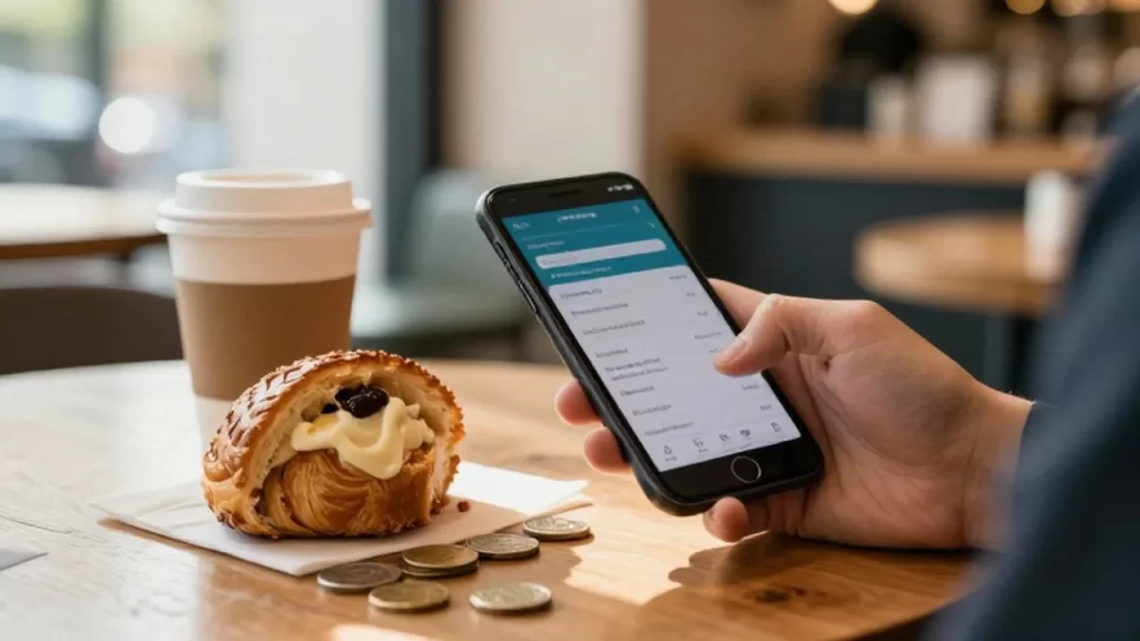 Mano sosteniendo un smartphone con una aplicación bancaria junto a un café y un bollo en una cafetería.